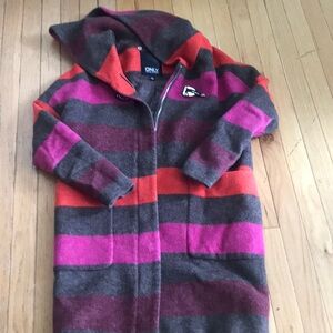 ONLY Striped Hooded light Wool Coat with Pink & Red Accents